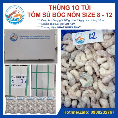Tôm sú bóc nõn giòn đông lạnh, size 8 - 12, thùng 10 túi x 600gr, Giao Tp. HCM