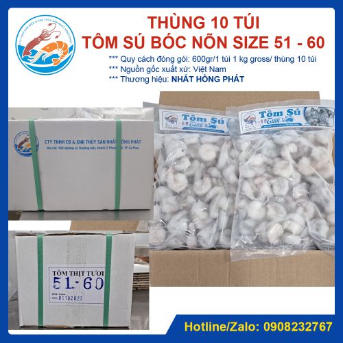 Tôm sú bóc nõn giòn đông lạnh, size 51 - 60, thùng 10 túi x 600gr, Giao Tp. HCM