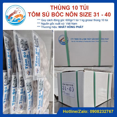 Tôm sú bóc nõn giòn đông lạnh, size 31 - 40, thùng 10 túi x 600gr, Giao Tp. HCM